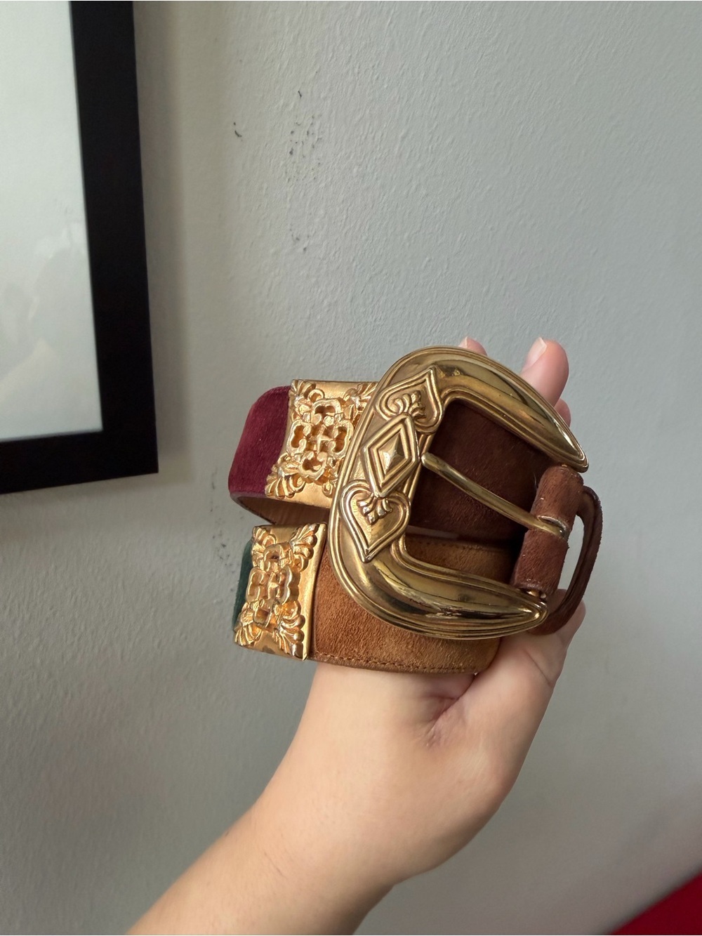 Vintage Brighton Multicolor Colorblock Suede Statement Brass Belt Sz Medium USA - Picture 15 of 15